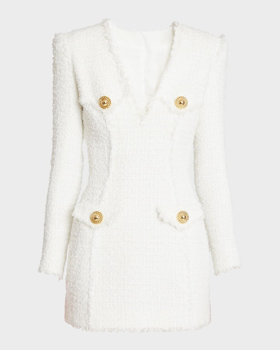Long-Sleeve 4-Button Tweed Short Dress